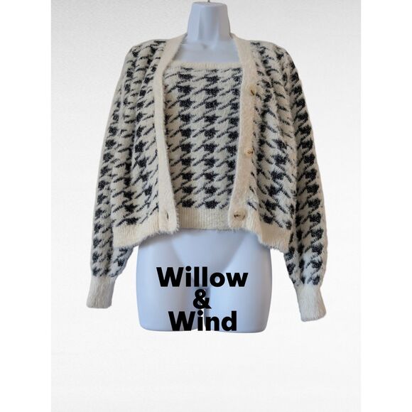 Willow & Wind Fuzzy Knit 2-pc Houndstooth Cardigan & Tank Set  Sz XS - Picture 1 of 9